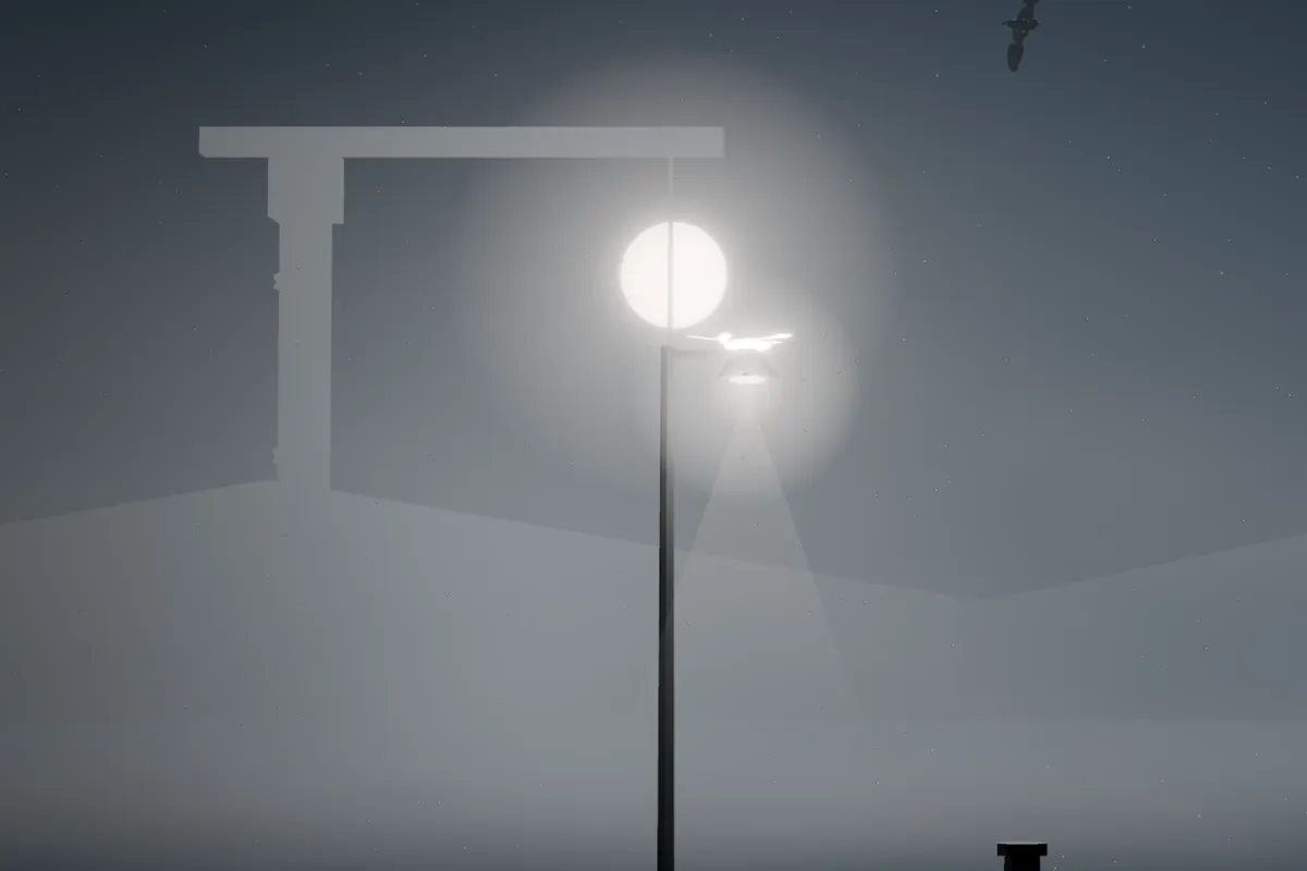 The harbour's moon: a studio light hanging from a rig