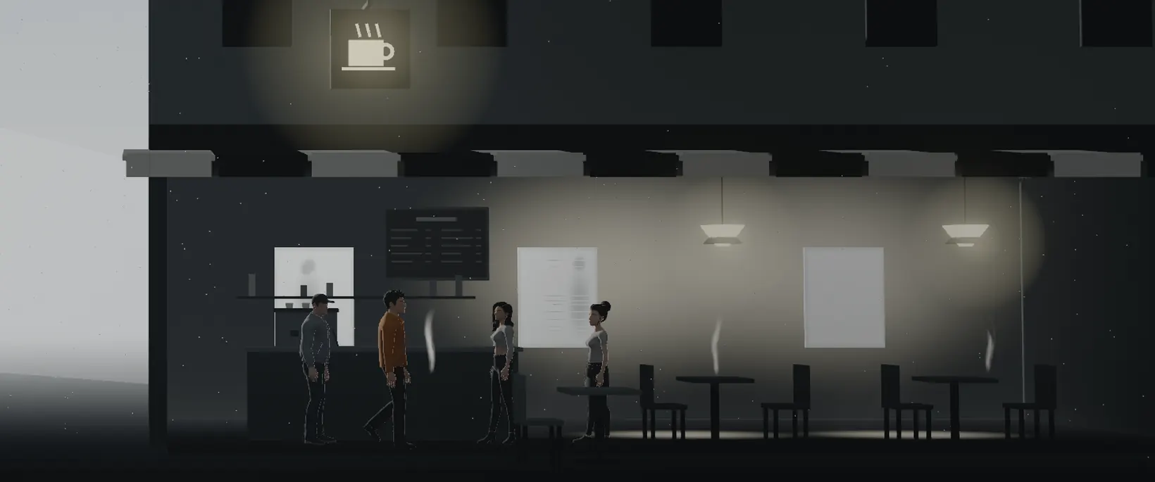The café set, drawn in 3D from the log