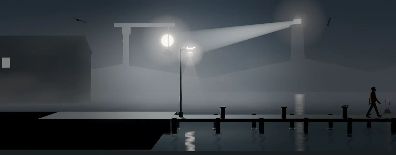 The harbour at night: a lighthouse beam, a studio light on a rig, and Owen walking to the end of the dock